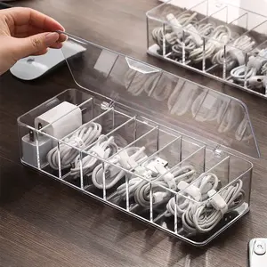 Transparent Plastic Storage Box, Divided Compartments, 1 PC Data Line Organizer, Ideal for Cables & Stationery, Enhances Desktop Organization
