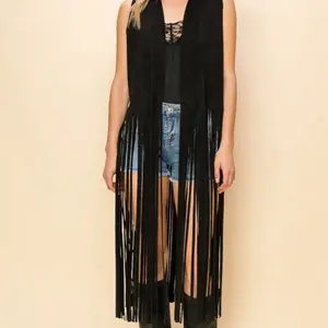Fringe Western Vest - Black Sleeveless Design with Fringe Details and Open Front Style