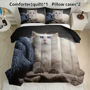 Cute Cat & Blue Eyes Bedding Set, 1 Comforter + 2 Pillowcases, Cat Lover Decor, Synthetic Fiber, Ca Prop 65 Compliant