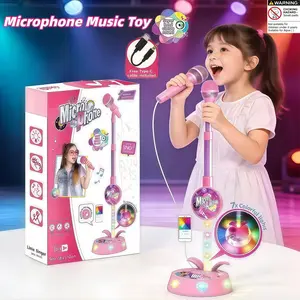 Microphone Toy, Portable Karaoke Machine with Stand, Music Singing Toy, Cool Vibrant Lights and Music, Adjustable Stand, Birthday Gift for Kids Aged 3+