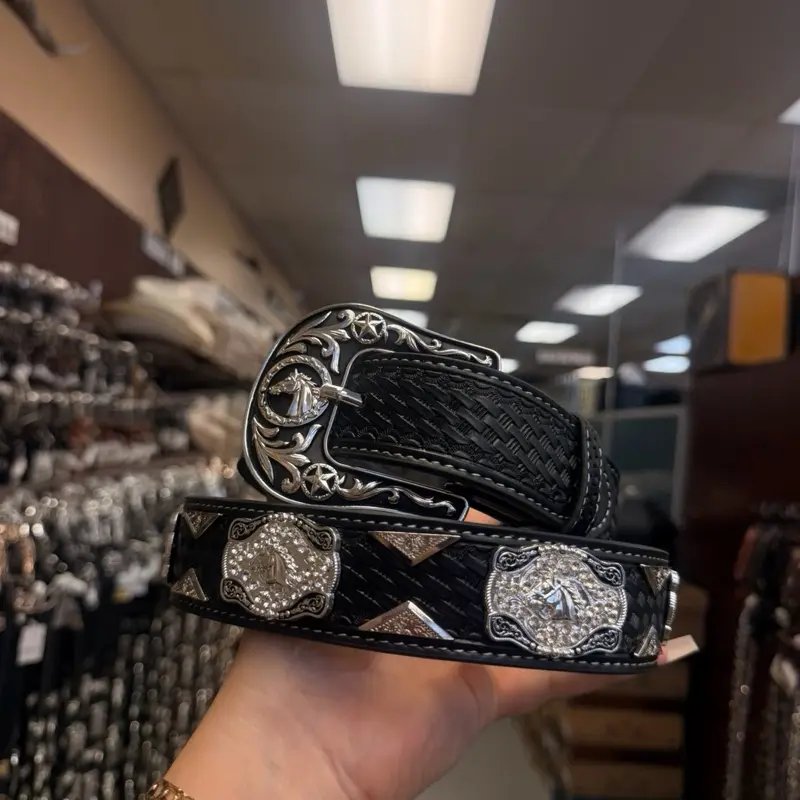 Men's All Black Western Buckaroo Belt - Functional Piece for Men's Fashion Accessories, Western Buckle, Black Horse Motif, Men's Size