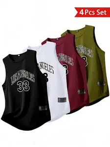 Men's Polyester Elastic Breathable Round Neck Sports Tank Tops, 4 Pack, Ideal for Gym Running Basketball Muscle Building, Breathable Vest