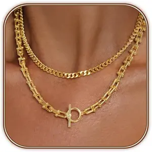 Gold Necklace for Women Layered 14k Plated Tendy Chunky Gold Necklace Cuban Link Choker Paperclip Chain Stackable OT Toggle Clasp Hypoallergenic Fashion Chunky Statement Jewelry Gifts for Women