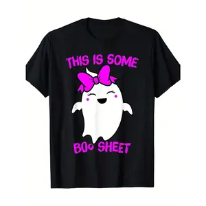 Men'S Funny Halloween Graphic T-Shirt - "This Is Some Boo Sheet" Design with Playful Ghost & Pink Bow, Black Casual Short Sleeve Tee for Adults, All-Season Comfort Fit, Halloween Shirts