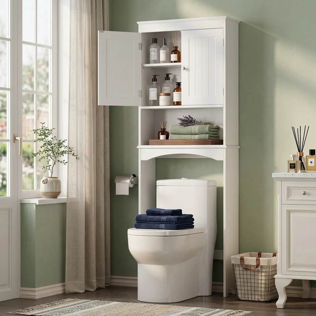 Sturdy Wood White Freestanding Floor-Mounted Tall Cupboard with Doors, Anti-Tip Device, Adjustable Shelf - Compact Modern Indoor Bathroom Over the Toilet Storage Cabinet, 37.8 lbs, 9.1" D * 23.7" W * 66.1" H Space Saver for Small Spaces, Minimalist Declut