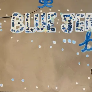 Hand Painted Kraft Paper Event Banners Customized with Blue Floral Design and Confetti Pattern Flower