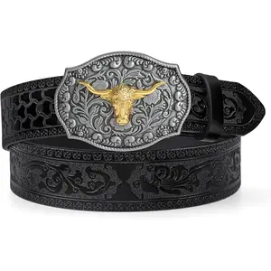 Western Cowboy Cowgirl Belt for Men Western Buckle Belt 1.5" Wide Floral Engraved Embossed Leather Belt