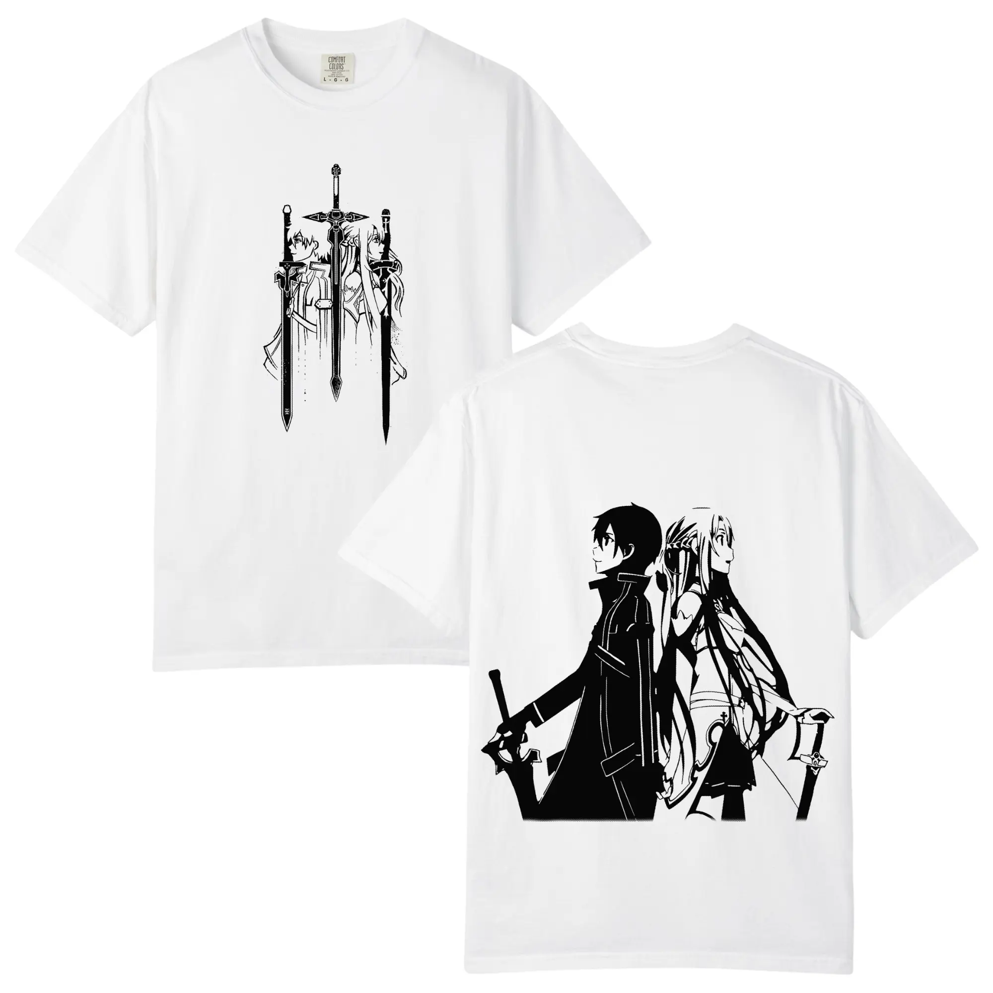 Vintage Kirito x Asuna Graphic Tee, SAO Sword Art Online Anime Oversized Printed Graphic T-Shirt, Retro Y2K Double-Sided Print Oversize Anime Manga Shirt, Unisex Fit Casual Cotton Streetwear Otaku Tshirt, Gift For Fan Anime Lover Top Merch
