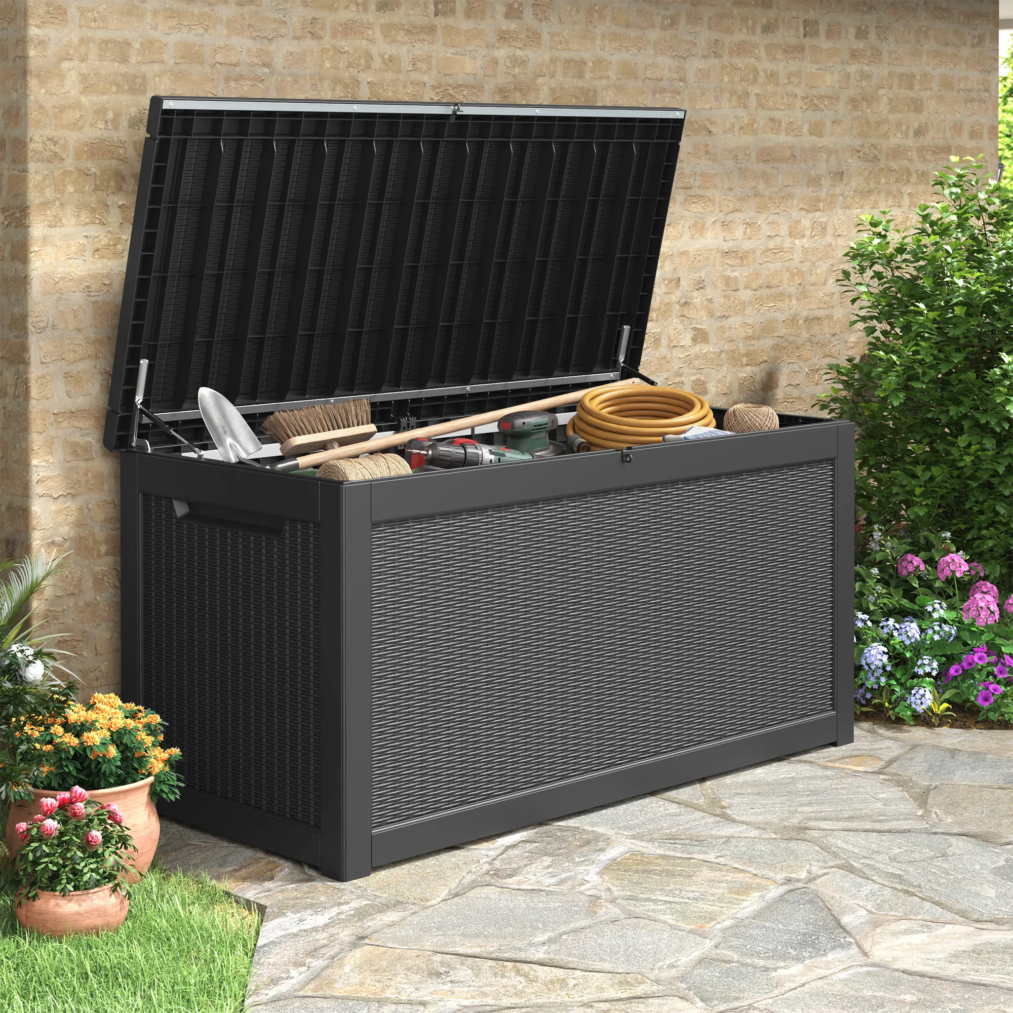 RIWENGO 320-Gal Resin Outdoor Storage Box, 33.7x32.2x67.7 Inches, Lock Hole Design, Built-In Side Handles, Waterproof, UV-Proof, Lightweight, for Patio, Sports, Garage, Poolside Furniture Storage