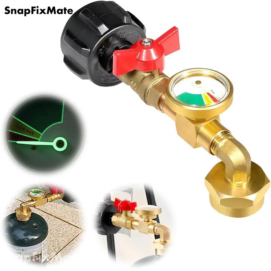 Propane Refill Adapter with Valve & Gauge, Gas Cylinder Filling Connector with Glow In The Dark Meter, Snapfixmate Ball