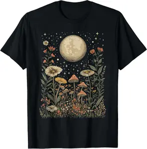 100% Cotton Unisex cottagecore moon mushroom moonphase floral goblincore T-Shirt