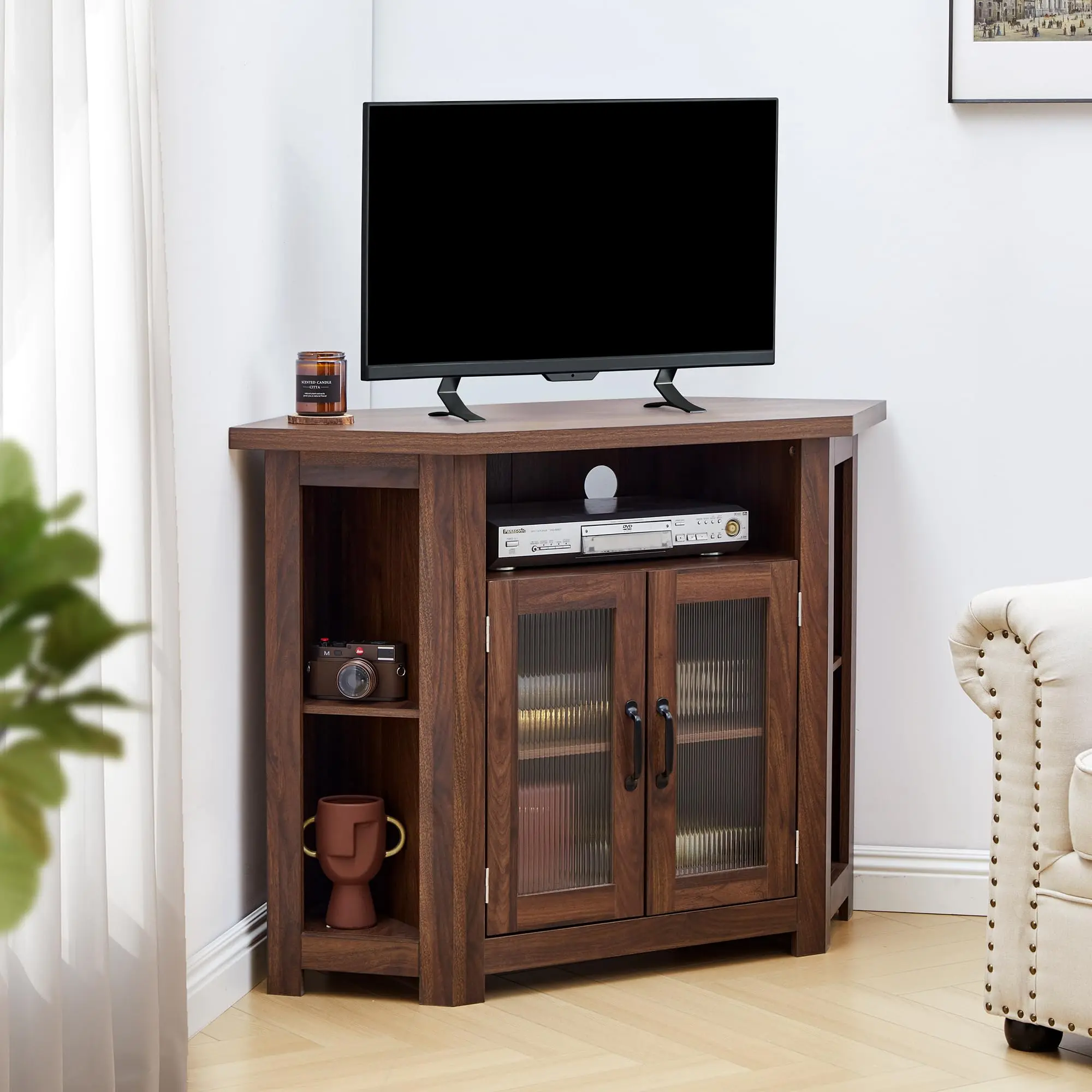 Giratree Corner TV Stand for TVs up to 48 Inch, Media Entertainment Center with Storage Shelves and 2 Doors, Console Table Buffet Cabinet for Living Room Bedroom