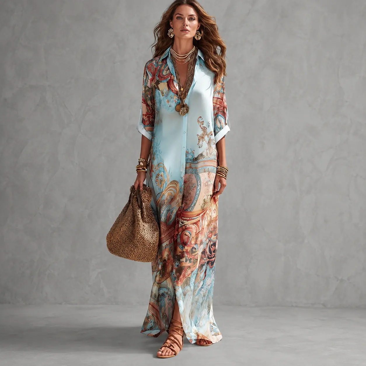 Womenswear Casual Long-Sleeved Loose-Fit Shirt Dress with Button Placket, Contrast-Color Pockets, Printed Design, Turn-Down Collar
