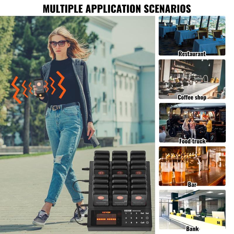 VEVOR Restaurant Pager System, Wireless 400m Long Range Lineup Waiting Queue Signal, Guest Customer Calling Beepers with Vibration & Flashing, 24 Buzzers for Food Truck, Church, Nursery, Hospital