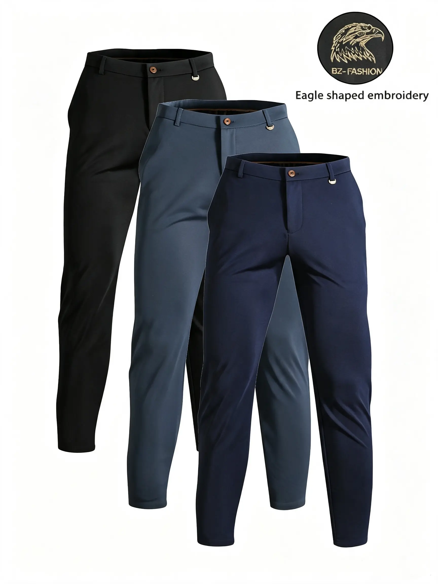 Men’s stretch dress pants with a slim fit for business and casual wear, featuring refined eagle-shaped embroidery details that add a minimalist, sophisticated touch and elevate the overall look.Solid color, versatile cut creates clean lines; wrinkle-resis