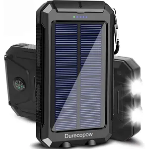 Solar Charger Power Bank, 20000mAh Portable Outdoor Waterproof Solar Battery Charger, Camping External Backup Battery Pack USB C Ports Input/Output, 2 Led Light Flashlight with Compass (Black)