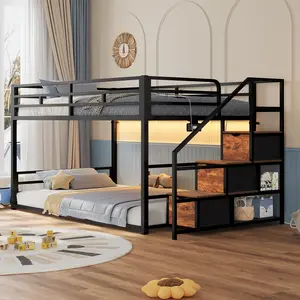 Sikaic Low Bunk Bed Twin Over Twin with Storage Staircase, Drawers & Shelves, RGB LED Lights, Built-in Power Outlet, Metal Floor Bunk Bed with Full-Length Guardrails & Heavy-Duty Metal Slats for Kids & Small Spaces, Black