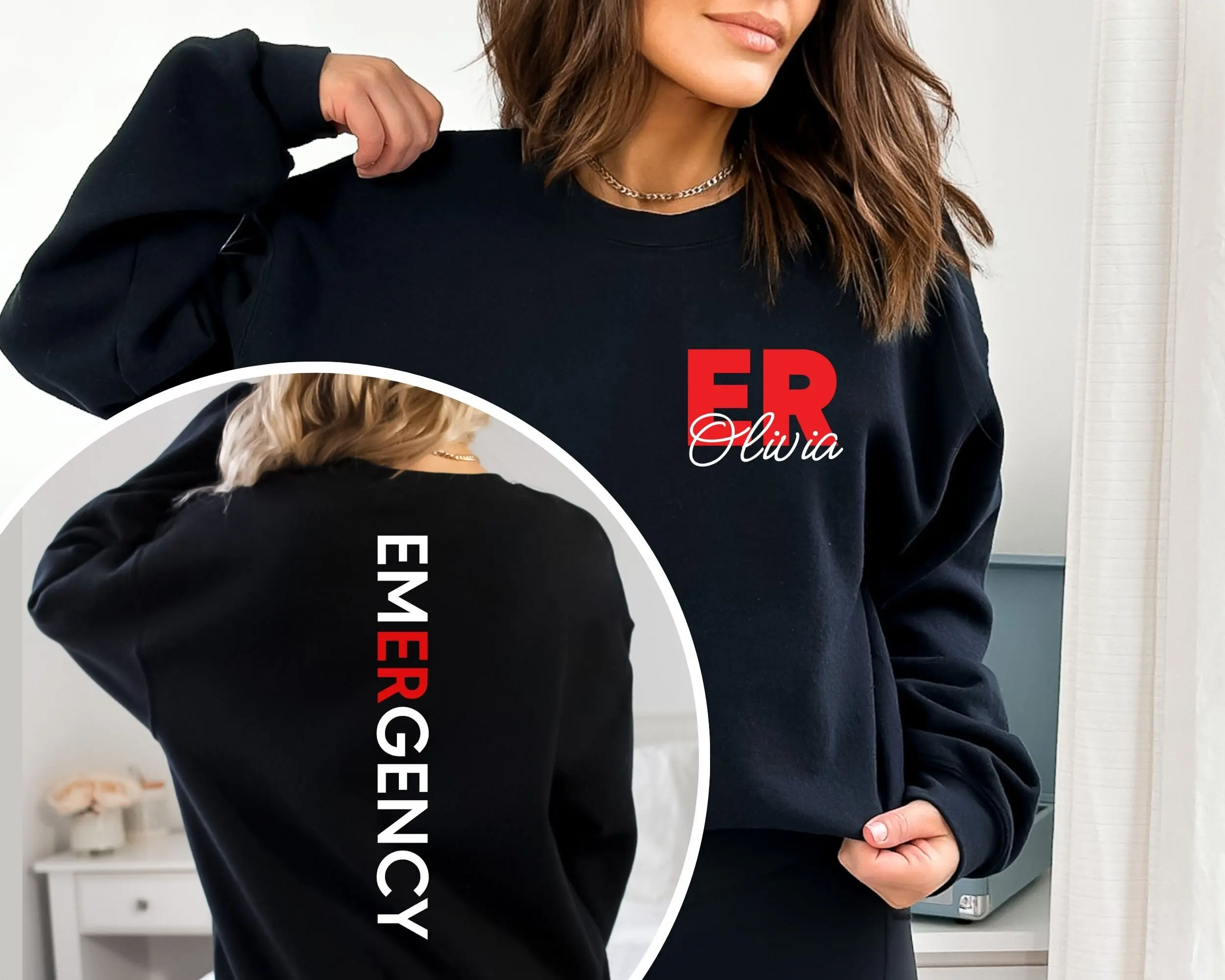 Custom Emergency Department Sweatshirt Personalized ER Nurse Sweatshirt Emergency Room Tech Gift Emergency Nurse Gift ED Crewneck Sweater Casual Fit Women's Clothing Long Sleeves Drawstring Kangaroo Pocket