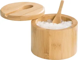 Bamboo Salt and Pepper Bowls with Spoon, Stacked Salt/Pepper Container with Magnetic Swivel Lids and Spoons, Modern Farmhouse Kitchen Decoror for Storing Salt, Herbs, Spices (1 Compartment)