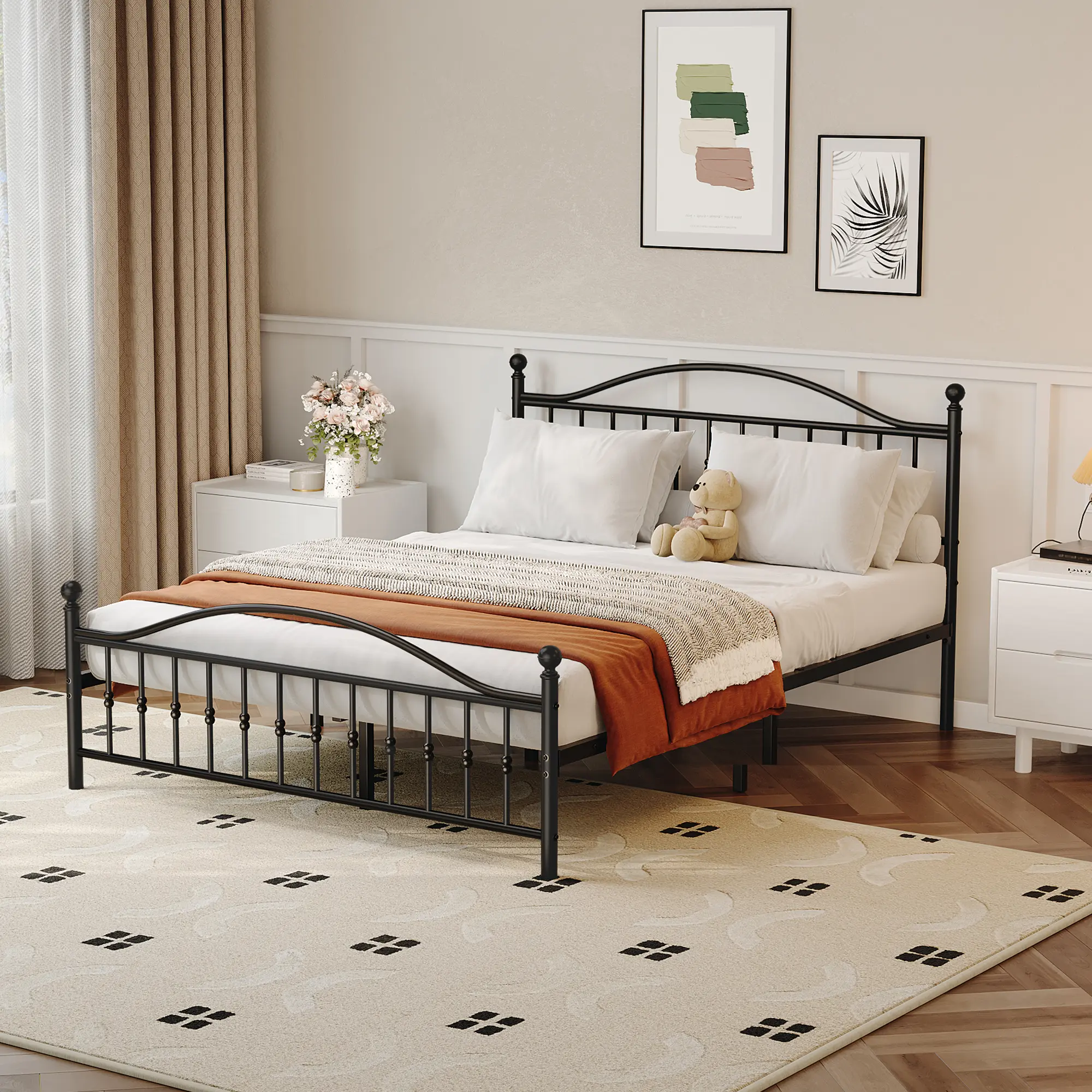 Vintage Circular Classic Design Headboard & Footboard Metal Bed Frame, Heavy-Duty Iron Modern Platform Bed, No Box Spring Needed, Noise-Free, Easy Assembly, Black (Twin, Full, Queen, King Sizes)