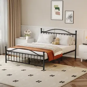 Metal Bed Frame with Vintage Circular Headboard and Footboard, Heavy-Duty Iron Platform Bed, No Box Spring Needed, Noise-Free and Easy Assembly, Black Twin King  Full Quee  Size,