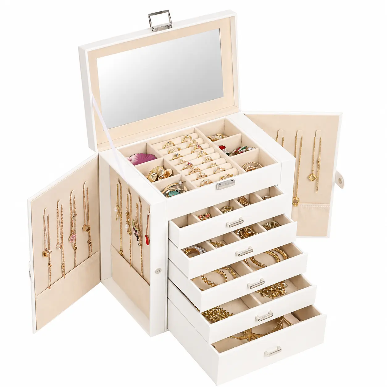 BOOVO 6-Tier Large Jewelry Box Organizer with Lock, Anti-Tarnish Lining & Built-in Mirror, Minimalist Jewelry Storage Case,Double Side Doors Minimalist Storage Case, Ideal Gift for Women（Peal white）