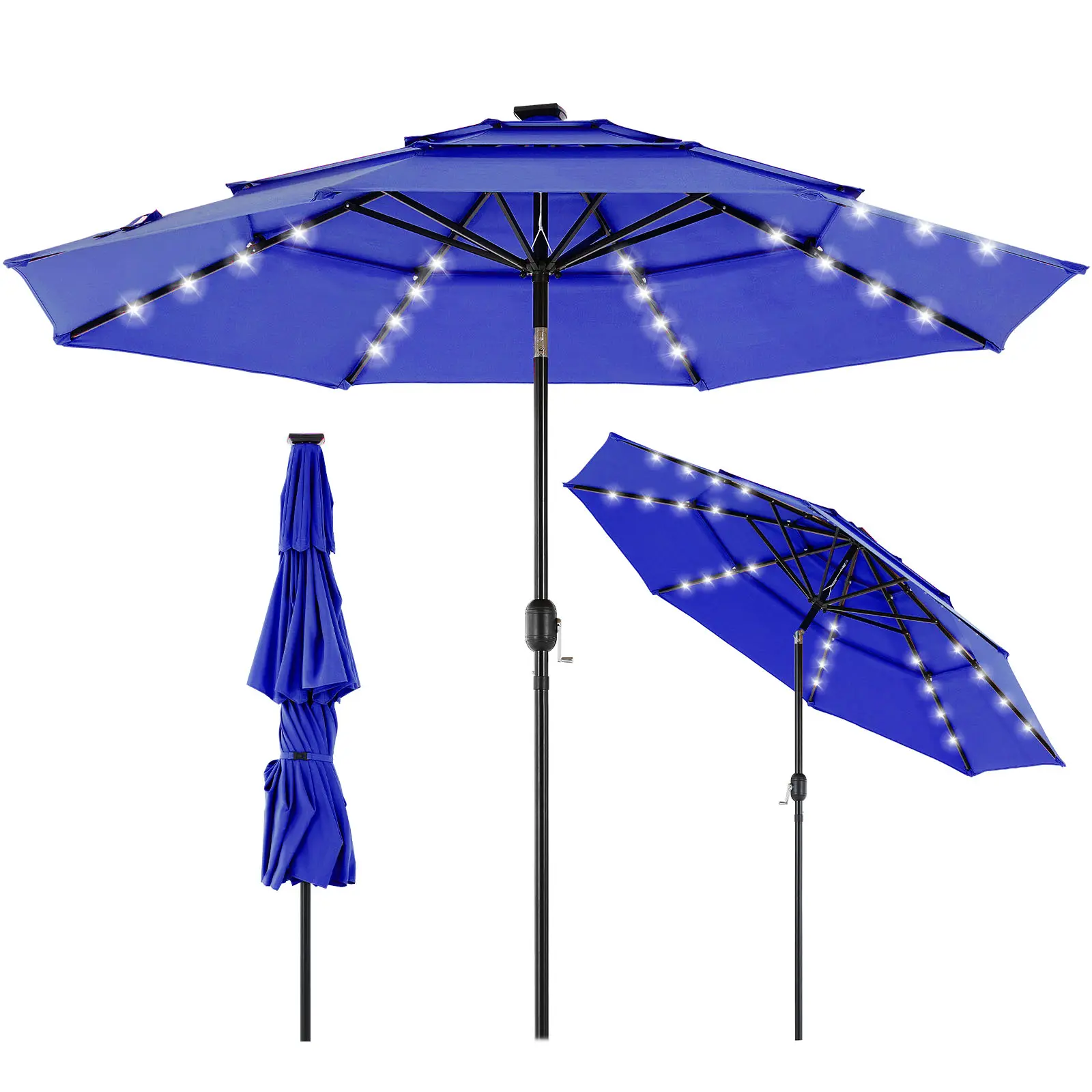 Sweetcrispy 3-Tier Iron Fabric Canopy Manual Umbrella - Solar 32 LED Lighted Large Adjustable Indoor/Outdoor Market Umbrella with Easy Crank, Tilt Adjustment for Garden, Backyard, Fabric Canopy Umbrellas, Manual Umbrellas