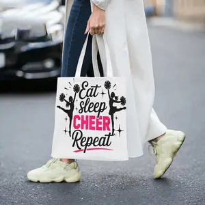 Cheerleading Printed Canvas Tote Bag for Cheerleaders Eat Sleep Cheer Repeat Design Cheer Team Gift Reusable Shopping Bag Casual Shoulder Handbag for School Sports Practice Daily Use