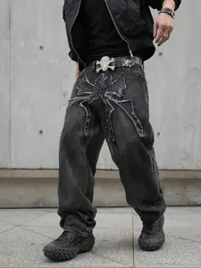 Men's Denim Jeans, Loose Street Style Casual Comfy Embroidery Wide Leg Trouser Jeans for Daily Wear, Fashion Men's Bottoms for All Seasons, Streetwear