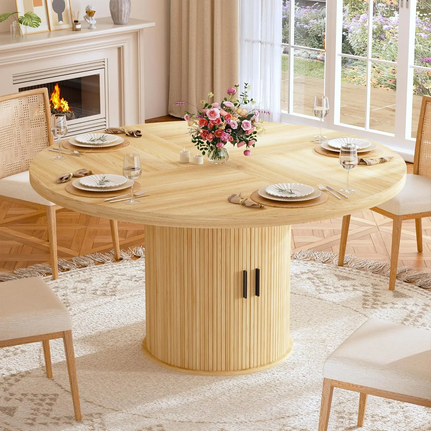Round Dining Table for 4, 47 inch Circle Kitchen Table with Fluted Base, Modern Farmhouse Dinner Tables with 2-Layer Storage Shelf and 4 Drawers for Dining Room Kitchen Living Room, Oak