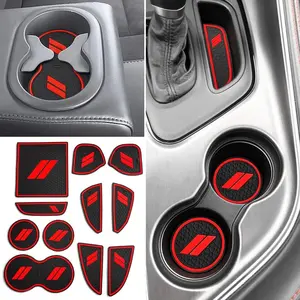 Anti-dust Mats for Challenger Accessories 2015-2023 Interior Cup Holder Inserts Door Pocket Center Console Liners (Red, 11pcs/kit)