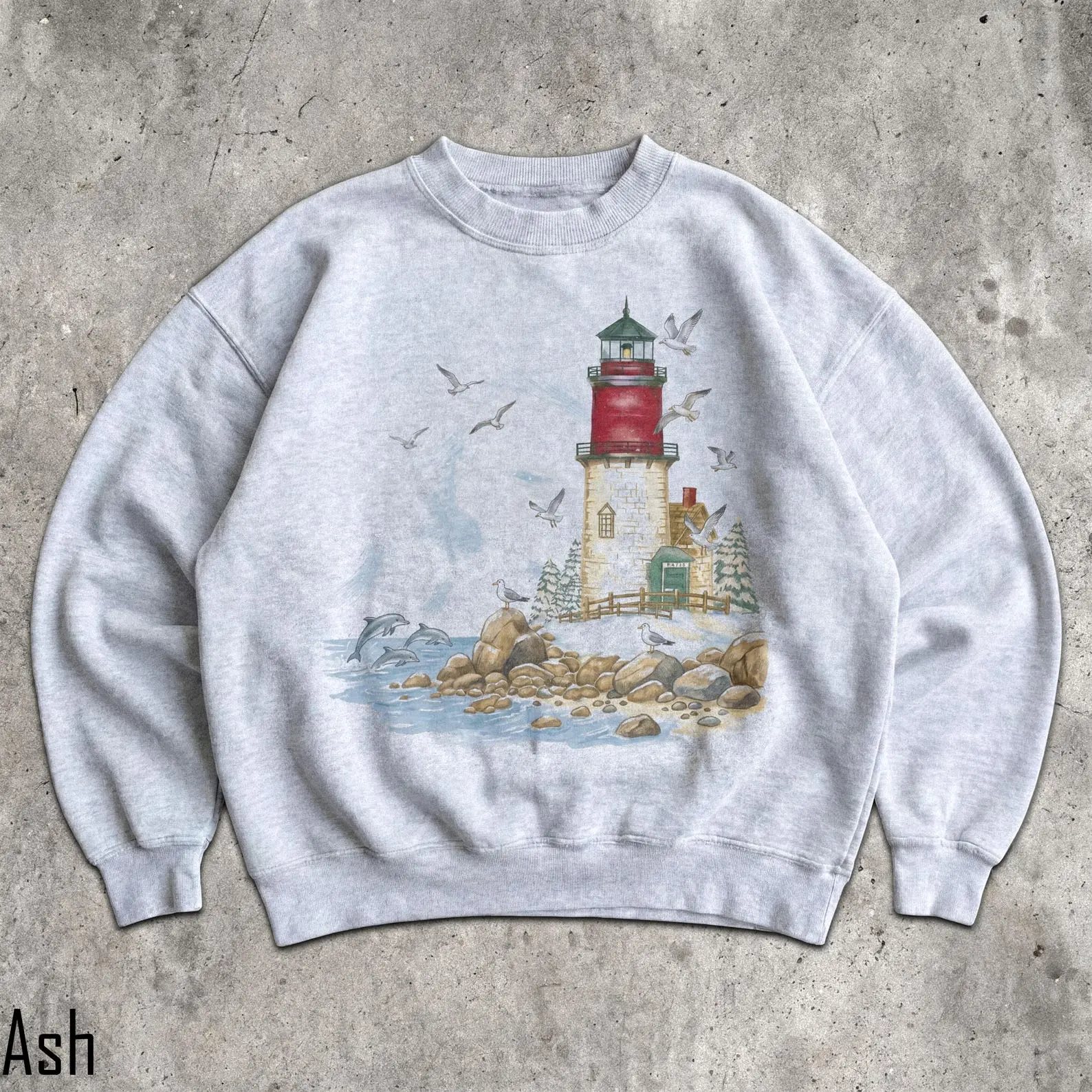 Vintage Coastal Lighthouse Dolphins Seagulls Nautical Graphic Sweatshirt And T-Shirt | Ocean Sea Beach Aesthetic Oceancore Graphic Pullover Coastal Top