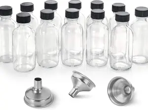 12 Pack, 2 oz Small Clear Glass Bottles with Lids & 3 Stainless Steel Funnels - 60ml