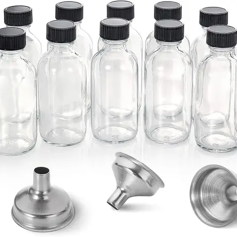 12 Pack, 2 oz Small Clear Glass Bottles with Lids & 3 Stainless Steel Funnels - 60ml