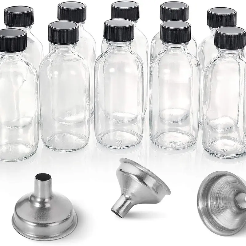 12 Pack, 2 oz Small Clear Glass Bottles with Lids & 3 Stainless Steel Funnels - 60ml