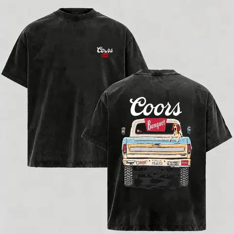 DOBYONE Menswear Round Neck Short-Sleeve T-Shirt, Vintage Washed Retro Truck Graphic Top, Soft Cotton Country Western Casual Streetwear