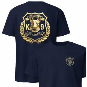 Golden Sheriff K9 To Serve And Protect Shield T-Shirt | Metallic German Shepherd Badge Emblem Graphic Top | Law Enforcement Police Officer Security Mens Navy Blue Clothing