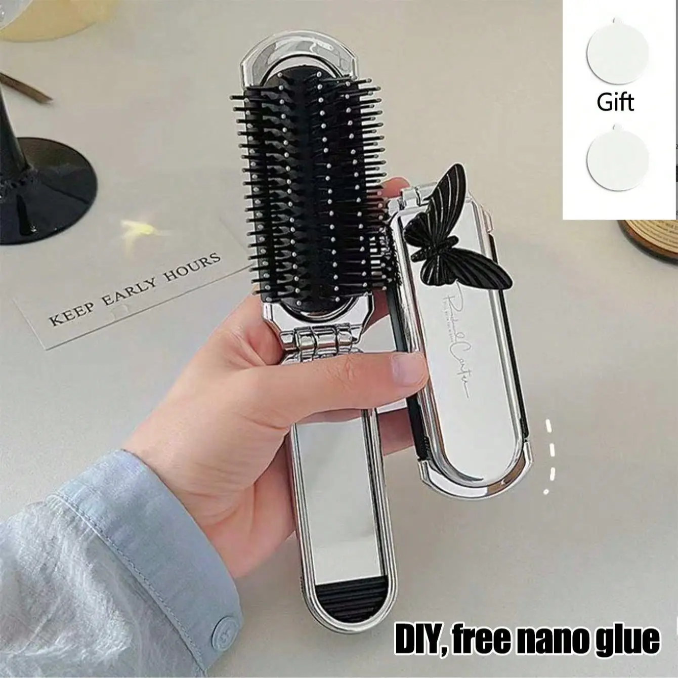Two-In-One Folding Comb & Makeup Mirror, Portable Butterfly Accessories, DIY Styling, Hair Care, Modern Travel Beauty Tool, Essential for Travel