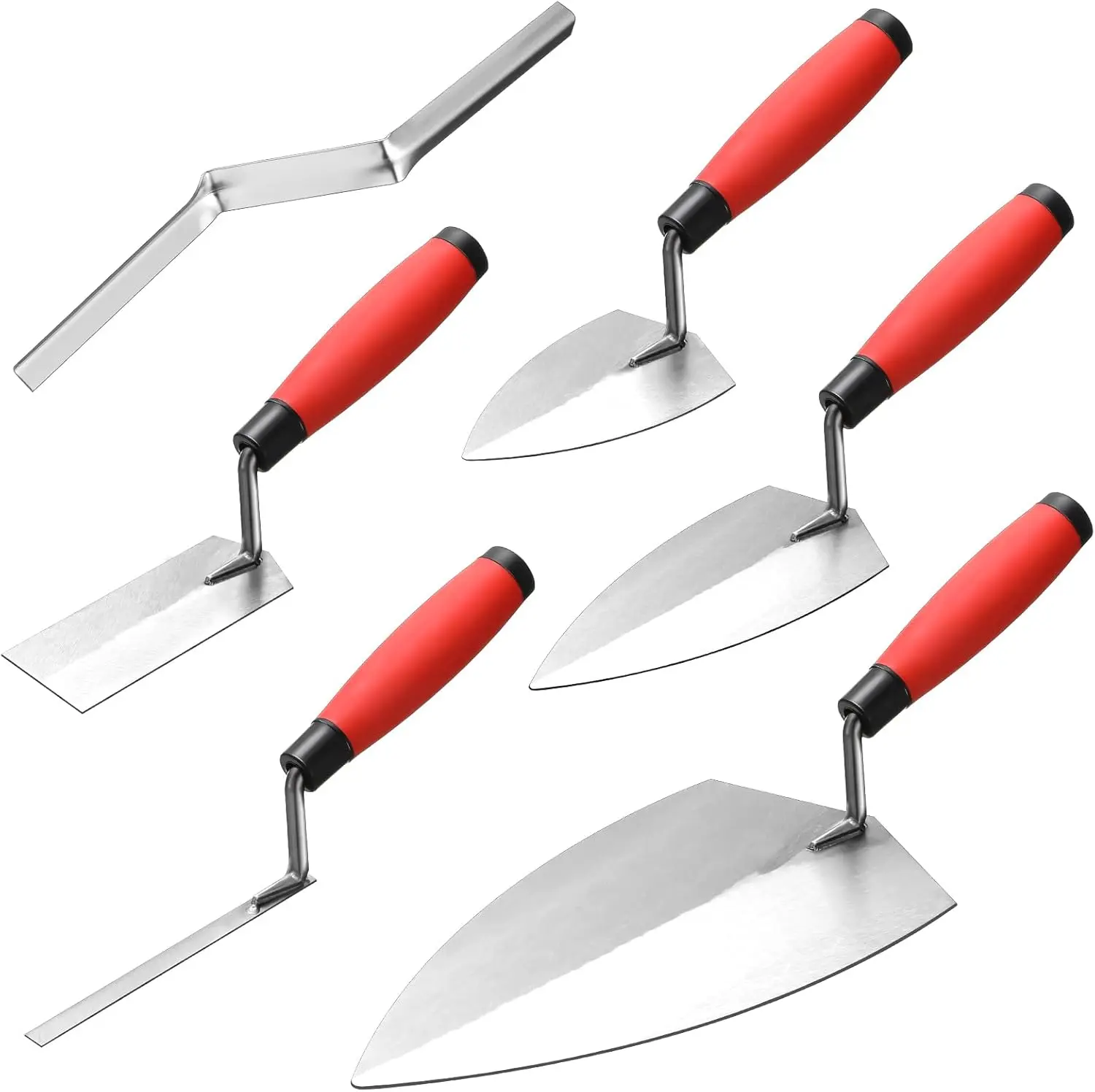 6 PCS Masonry Hand Tool Set 11" x 5-1/2" Philadelphia Brick Trowel 2 Pointing Trowel 5 x 2'' Margin 1/2" Tuck 5/8'' x 1/2'' Convex Brick Jointer Soft Grip Handle Concrete Tool Finishing