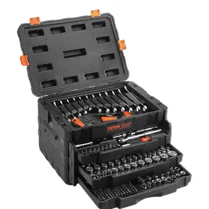 VEVOR Mechanics Tool Set and Socket Set 1/4" 3/8" 1/2" Drive Deep and Standard Sockets 450 Pcs SAE Metric Kit with Bits Hex Wrenches Combination Wrench Accessories Storage Case