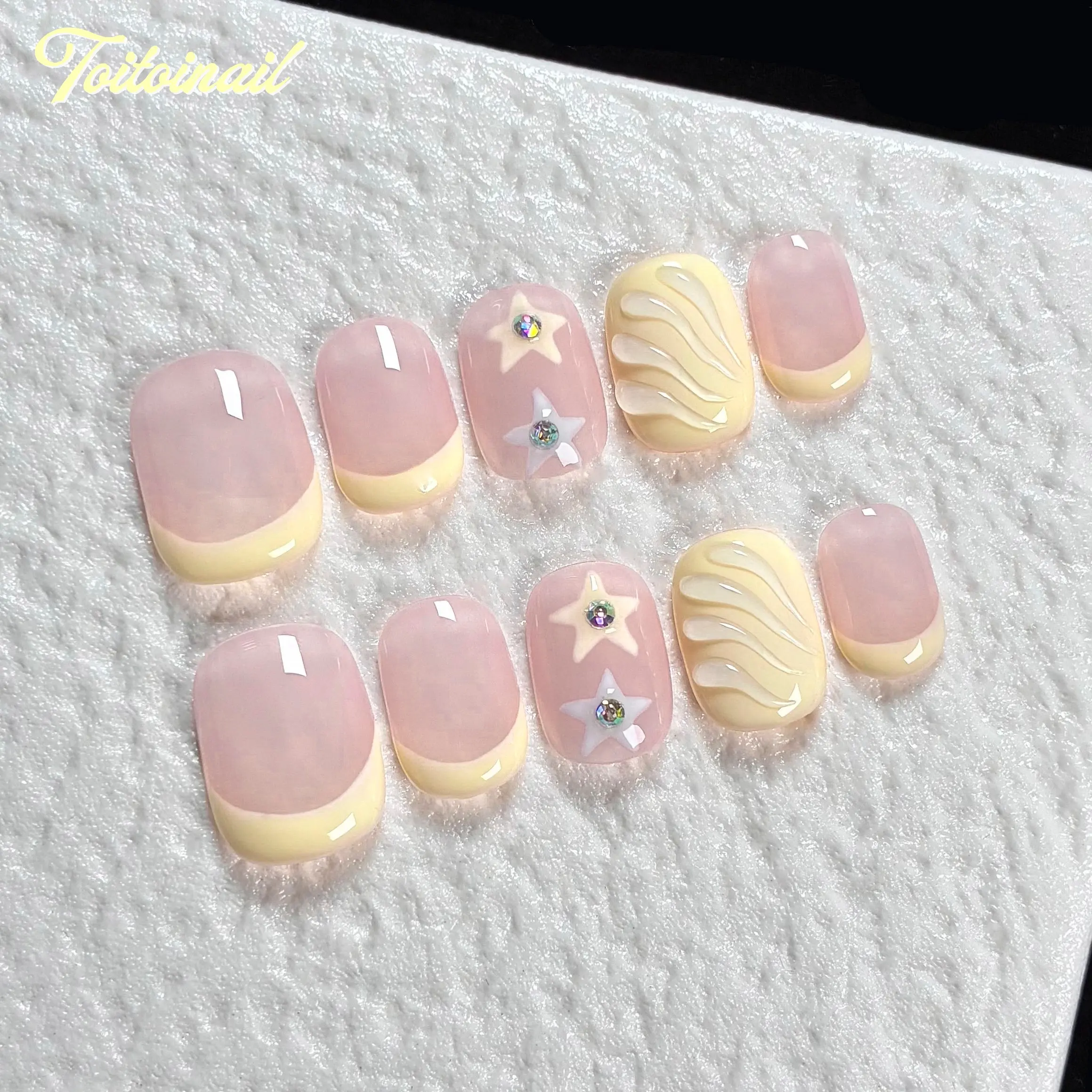 Milky Glow Handmade Press-On Nails, French Tips Nails, Short Squoval Shape, 10pcs, Decorative Nails, Nude Pink & Milky Yellow French Tip with Star Rhinestone, Coquette Aesthetic, For Daily, School, Date, Party, High Gloss, Reusable DIY Nail Art