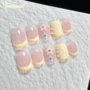 Milky Glow Handmade Press-On Nails, French Tips Nails, Short Squoval Shape, 10pcs, Nude Pink & Milky Yellow French Tip with Star Rhinestone, Coquette Aesthetic, For Daily, School, Date, Party, High Gloss, Reusable DIY Nail Art