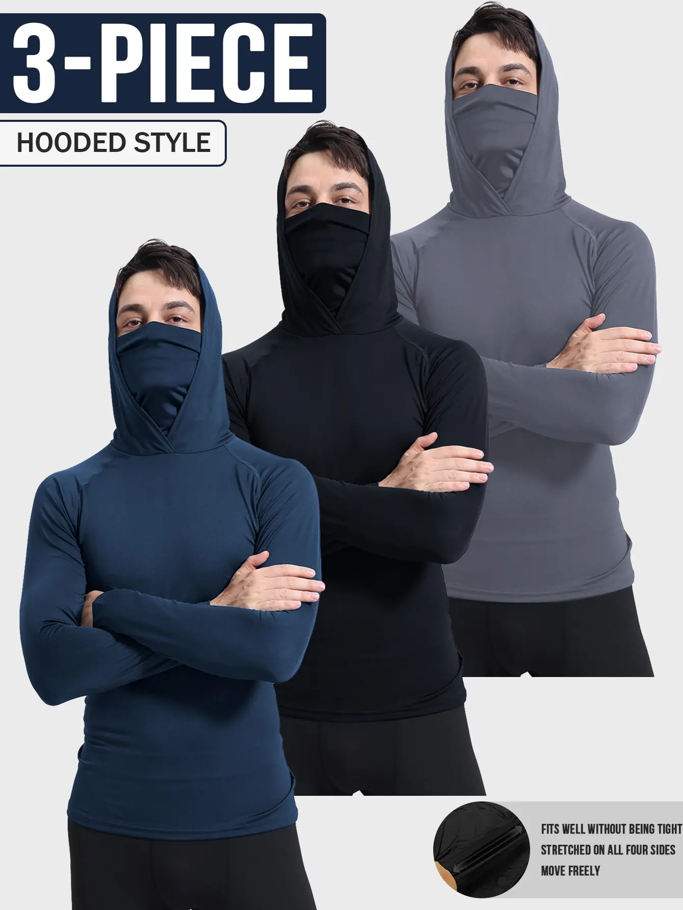 3-Piece Lightweight Hooded Long-Sleeve Athletic Compression Shirts Set, Performance Tops, Active Sportswear for Fitness Gym Exercise Activewear Gym Tops Gym Outfit Tee Gym Tees