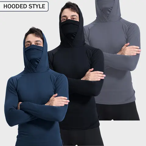 Men's 3-Pieces Compression Hooded Long-Sleeve Gym Exercise Activewear Set - Lightweight, High Stretch Activewear, Breathable, UV-Protective, Sun-Blocking Hood, Sun Mask, Gym Tops, Hooded Pullovers for Running, Fitness