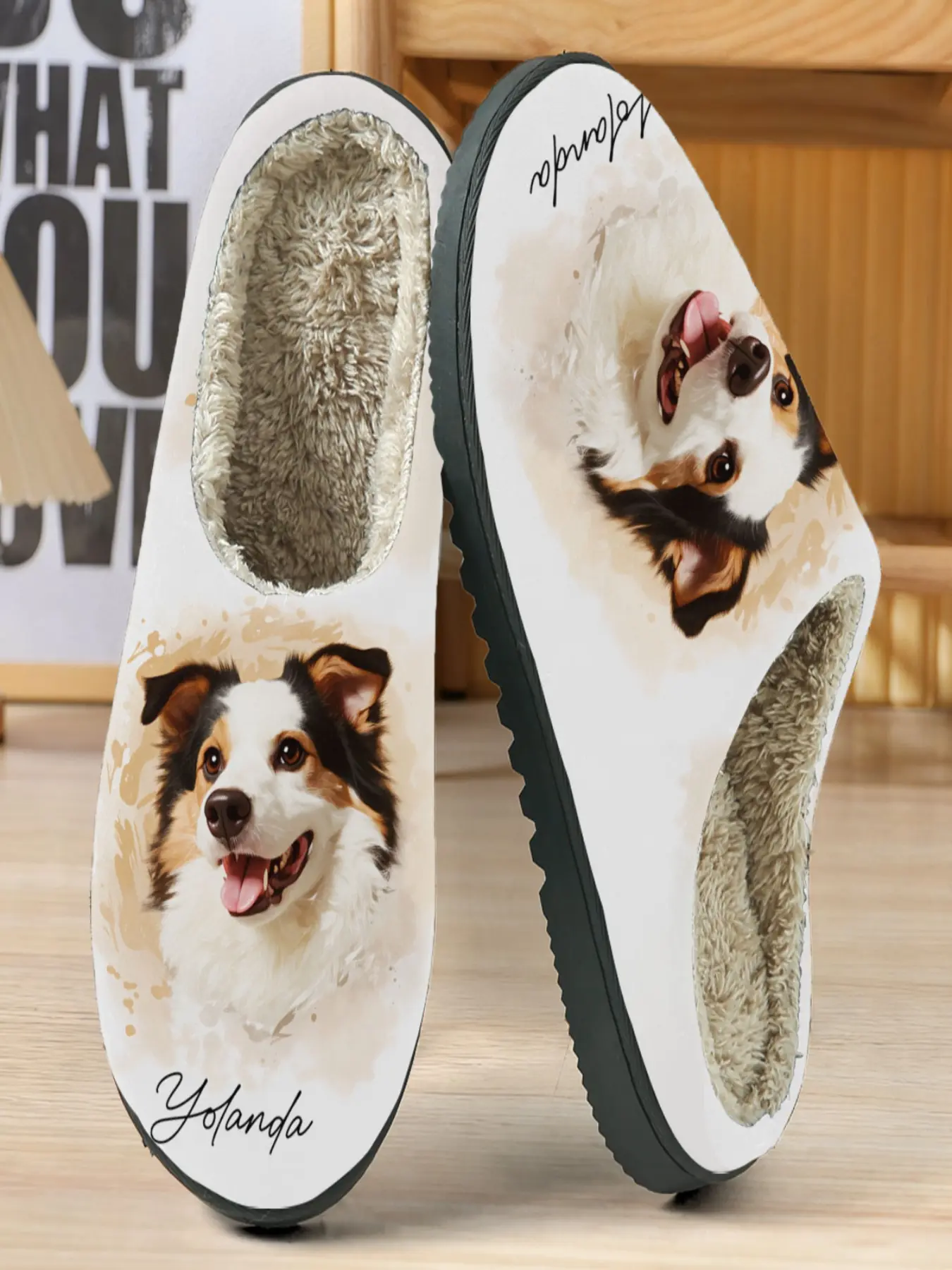 Customizable Border Collie Yolanda Cotton Slippers, Warm Watercolor Design, Handwritten Name, Soft Plush Lining, Casual Home Wear