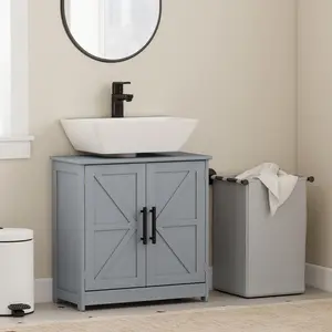 Farmhouse Pedestal Sink Storage Cabinet with 2 Barn Doors Adjustable Shelf Dark Gray 23.6" L x 11.8" W x 23.6" H Magnetic Doors Anti-Tipping Design