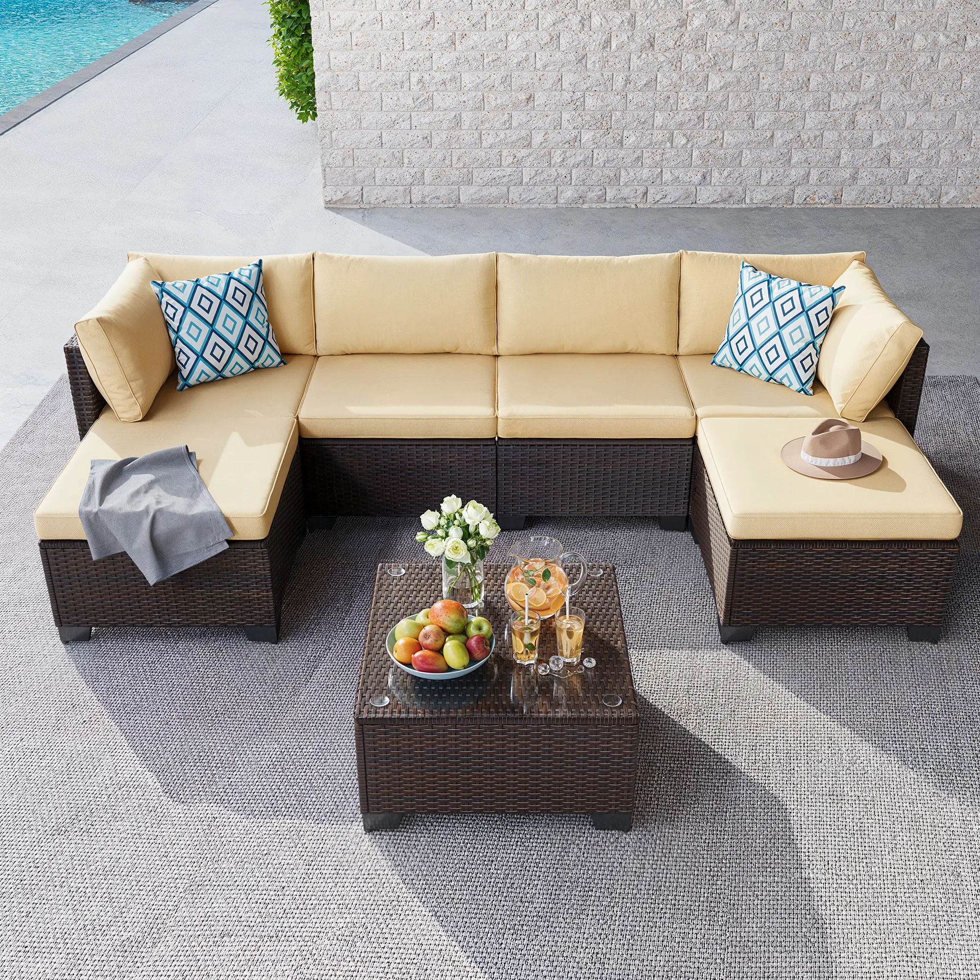 Gizoon 7-Piece Outdoor Patio Furniture Set, All-Weather PE Rattan Wicker Sectional Sofa with Waterproof Cushions, Coffee Table for Backyard Relaxation, Balcony, Poolside (Assembly Required)