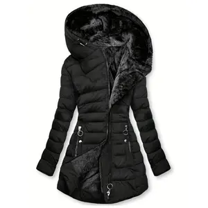 Women's Zippered Hooded Long Sleeve Pocket Faux Fur Lined Down Jacket for Winter Casual Wear