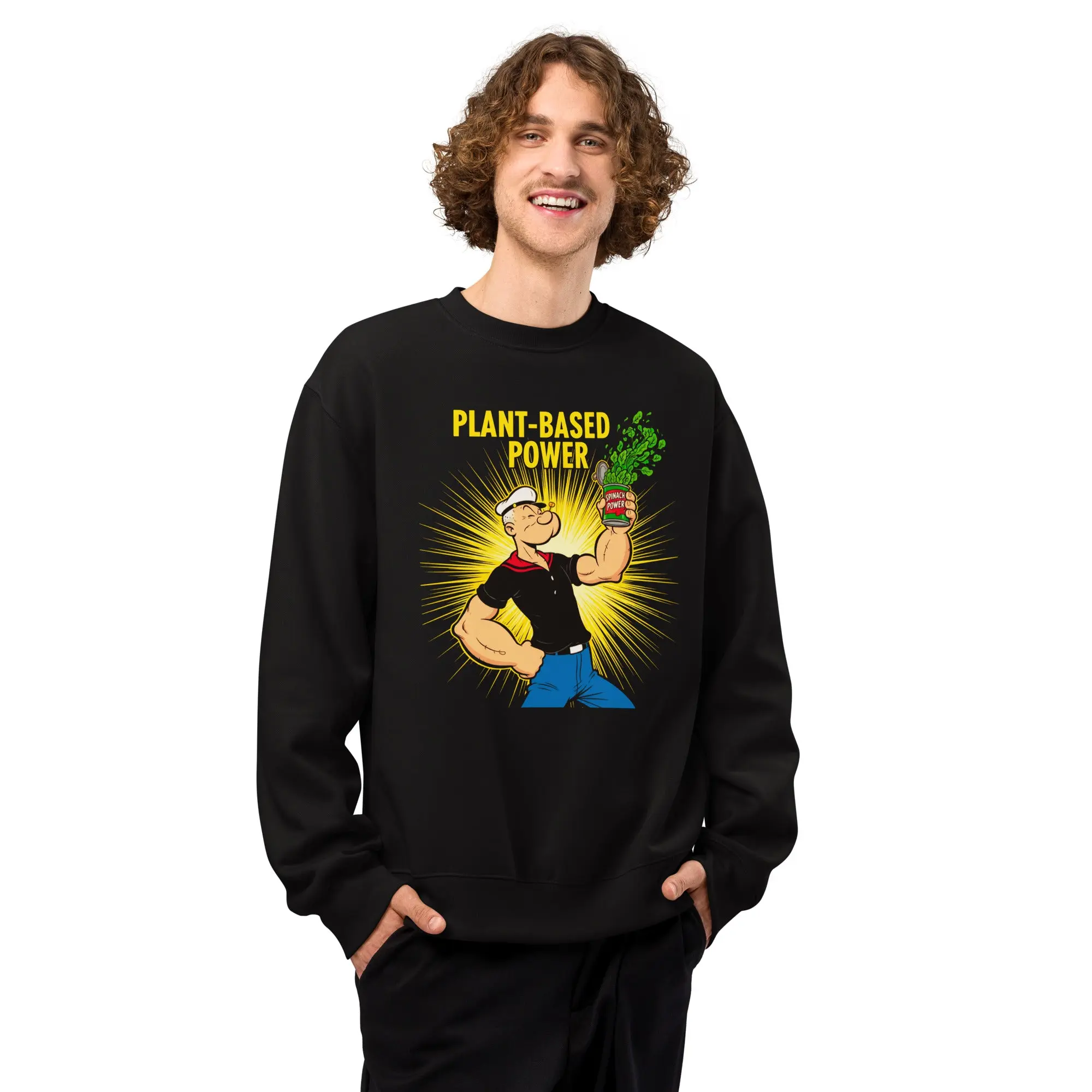 Healing Health and Wellness x Popeye Menswear Oversized Sweatshirt - Men's Multi-Size Heavyweight Loose-Fitting Fleece Pullover, Unisex Drop Shoulder Longsleeves Crew Neck Top with "Plant-Based Power" Graphic, Soft Cotton-Polyester Fabric Casual Wear