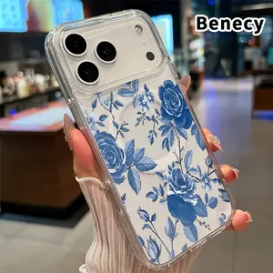 Magnetic Case for iPhone 17 16  Pro Max Plus 15 14 13 12 11 Air E Blue Floral Dream  Printed Acrylic Hard Back Soft Silicone Edge Water-resistant Smartphone Cover